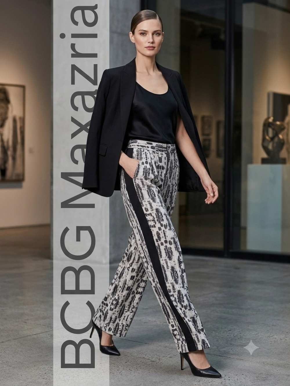 BCBGMaxAzria Black & White Abstract-Print Wide-Leg Pants with Side Stripe